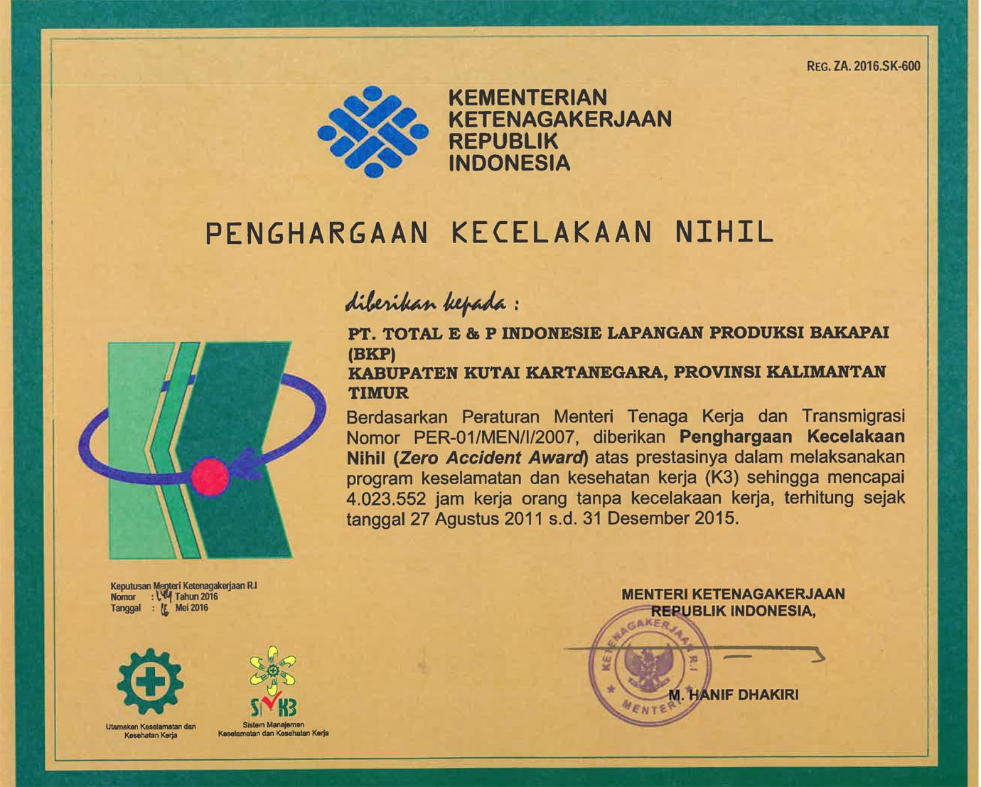 Total E&P Raih Penghargaan Kecelakaan Nihil